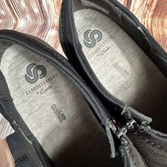 Clarks Cloud Steppers CADDELL DENALI Size 8.5 Black Wedge Heel Loafers Shoes - Picture 10 of 11